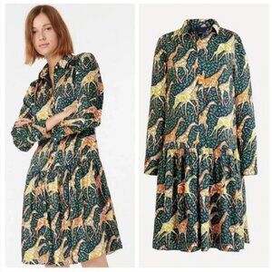 J.CREW Shirtdress in Giraffes Novelty Print Dress Long Sleeve S Navy Saffron